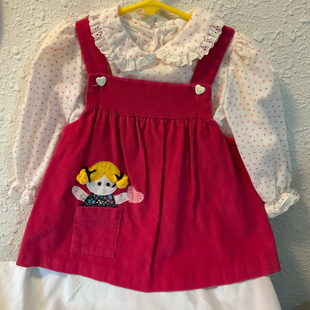 Vintage Baby dress corduroy embroidered appliqué ruffle heart